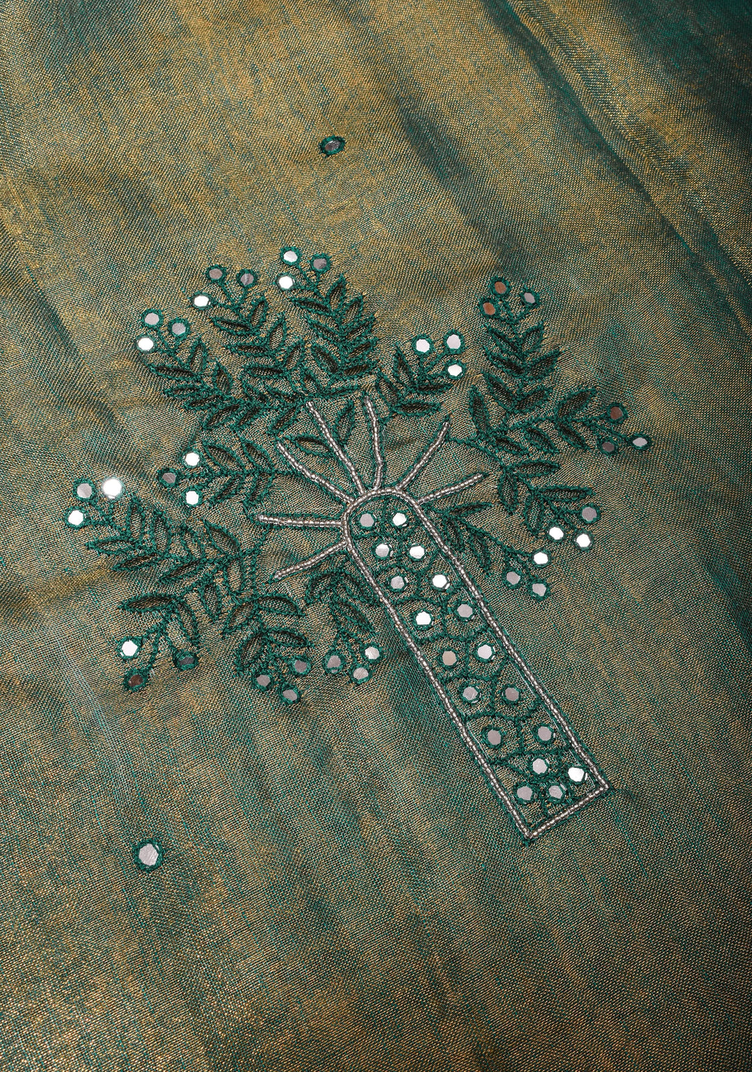 Teal tissue Linen Tree of life Cutwork and mirror embroidery | SHOBITAM