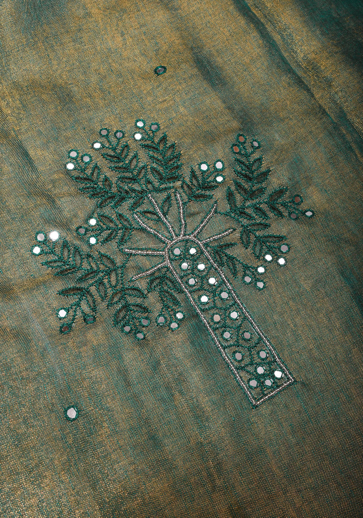 Teal tissue Linen Tree of life Cutwork and mirror embroidery | SHOBITAM