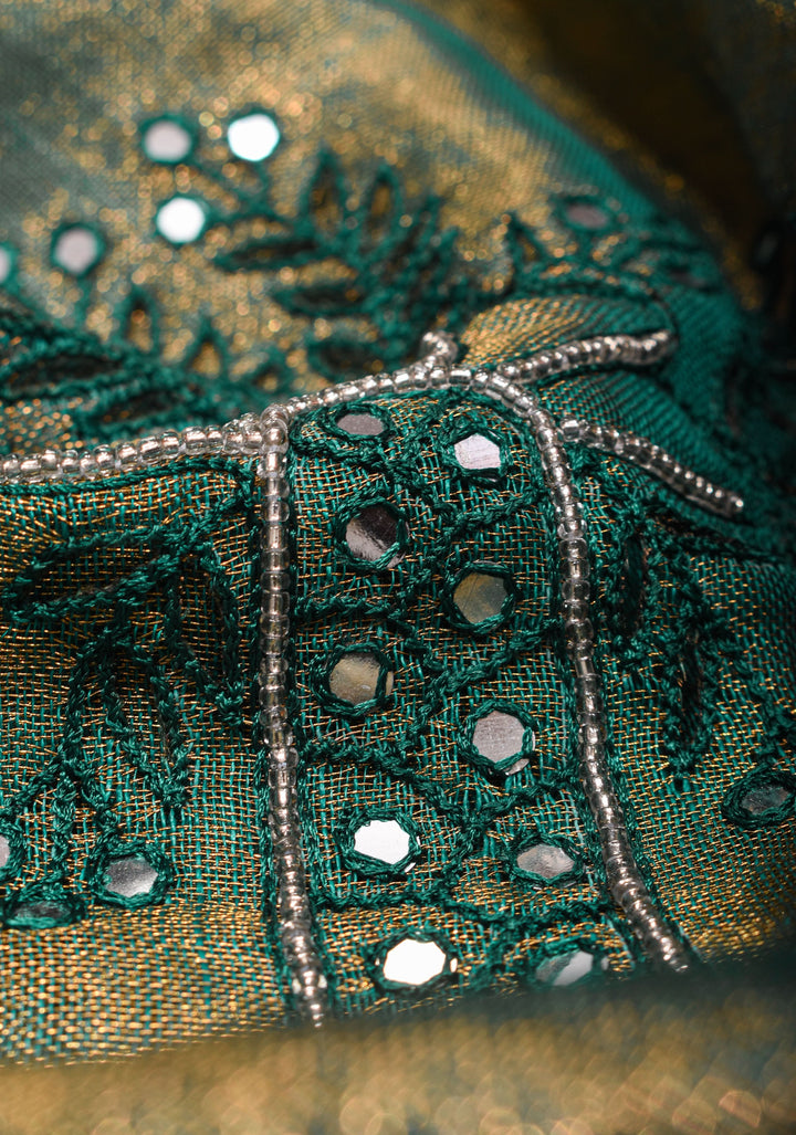 Teal tissue Linen Tree of life Cutwork and mirror embroidery | SHOBITAM