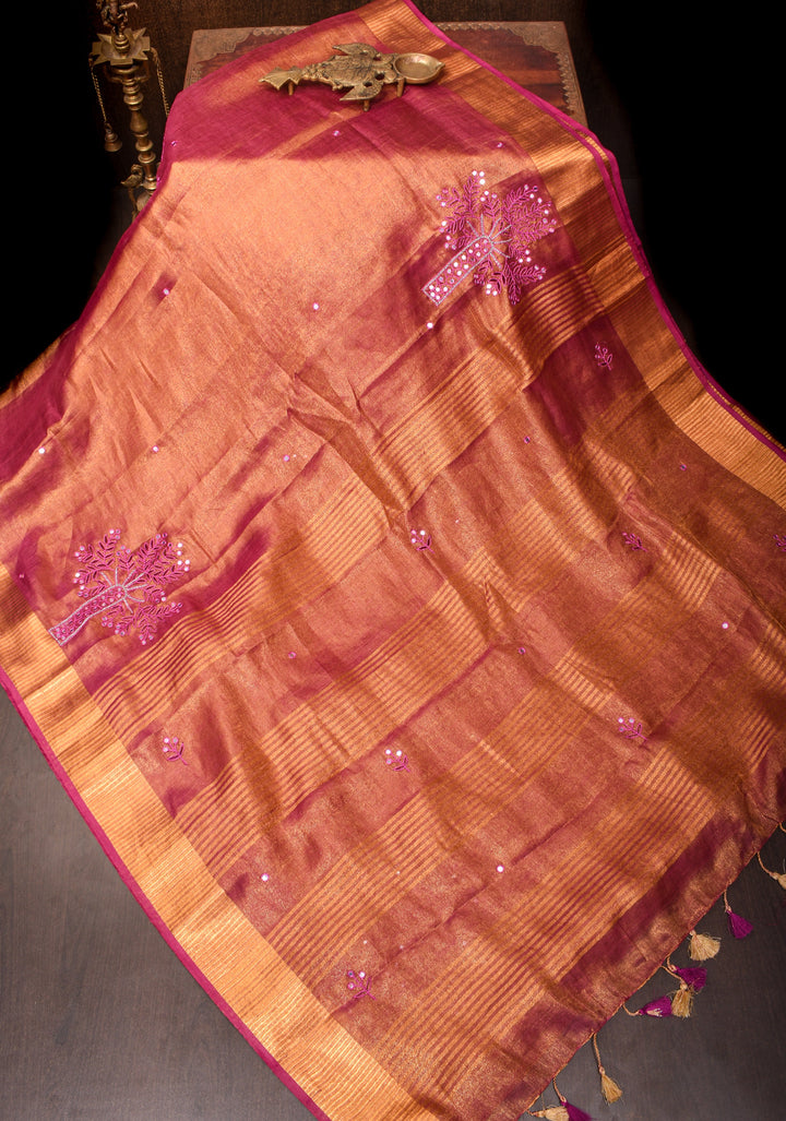 Tree Cutwork and Mirror Work Tissue Linen Saree in Magenta with pretty tassels