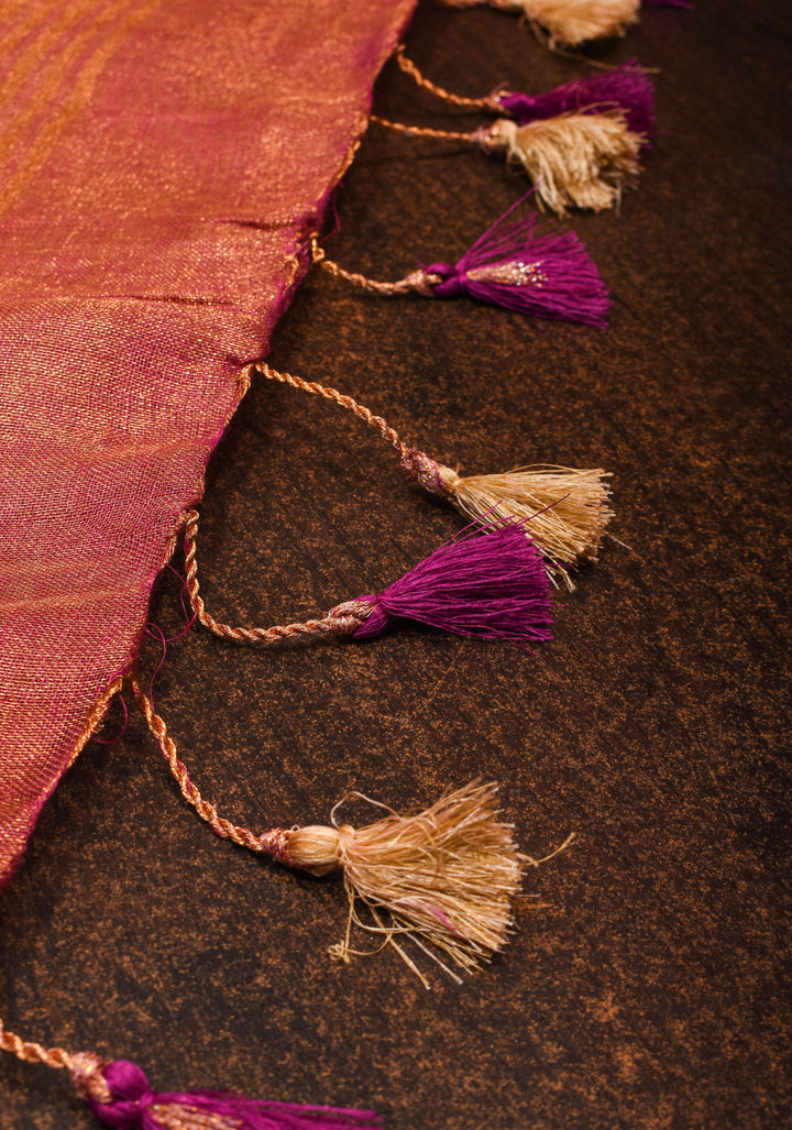 Tree Cutwork and Mirror Work Tissue Linen Saree in Magenta with pretty tassels