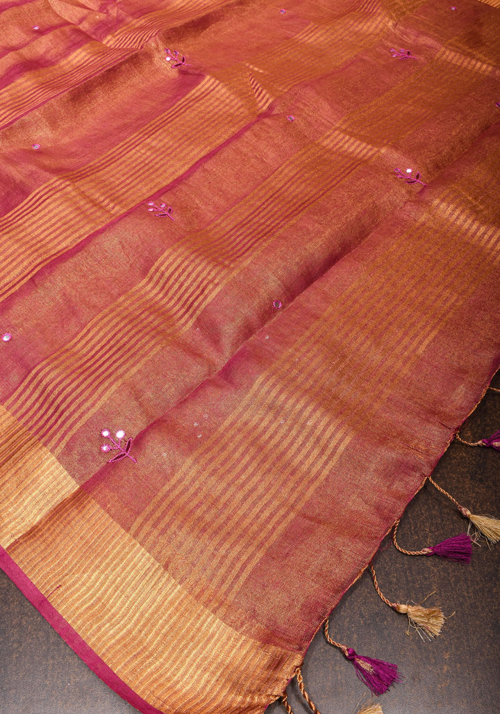 Tree Cutwork and Mirror Work Tissue Linen Saree in Magenta with pretty tassels