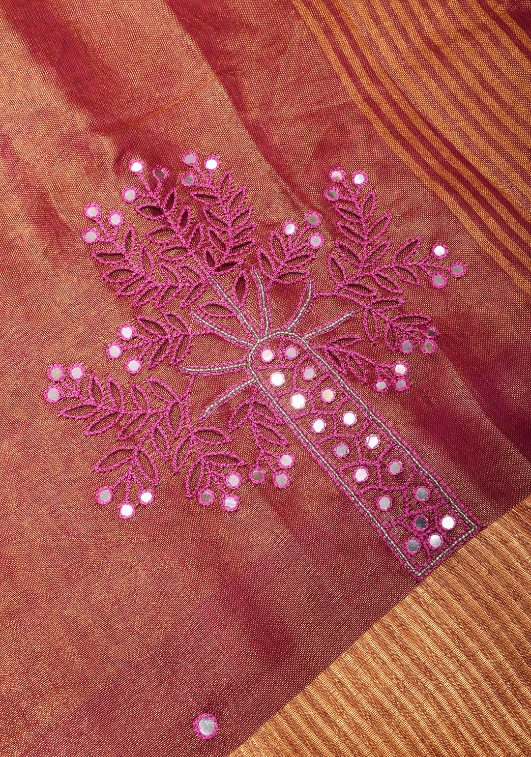 Tree Cutwork and Mirror Work Tissue Linen Saree in Magenta with pretty tassels