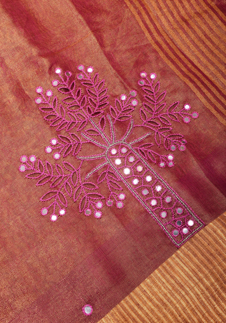 Tree Cutwork and Mirror Work Tissue Linen Saree in Magenta with pretty tassels