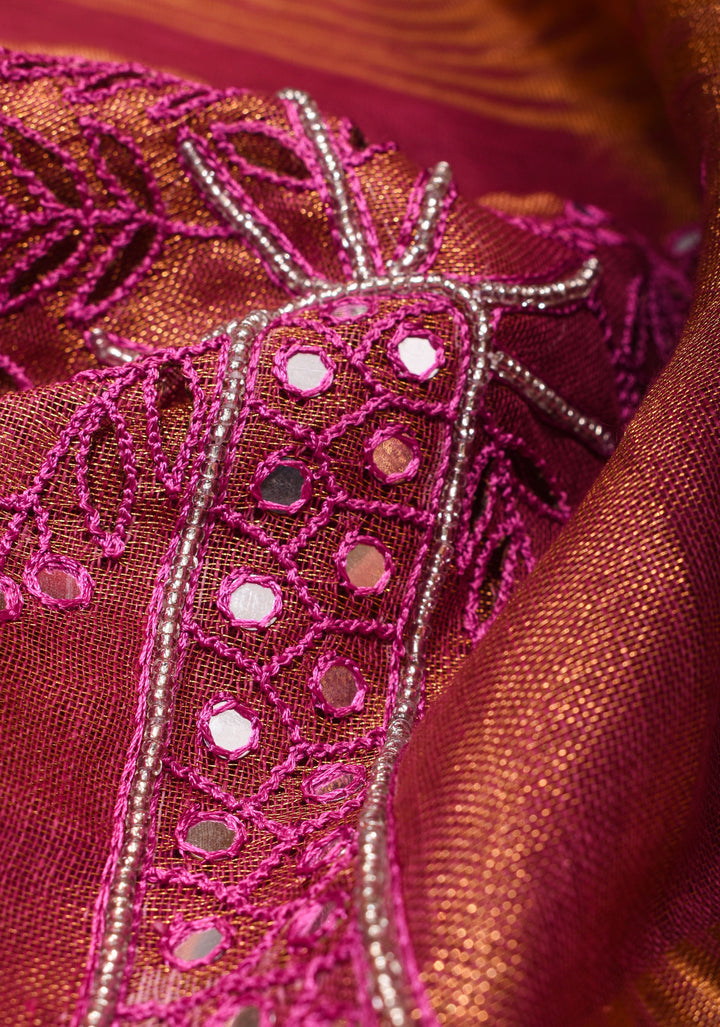 Tree Cutwork and Mirror Work Tissue Linen Saree in Magenta with pretty tassels