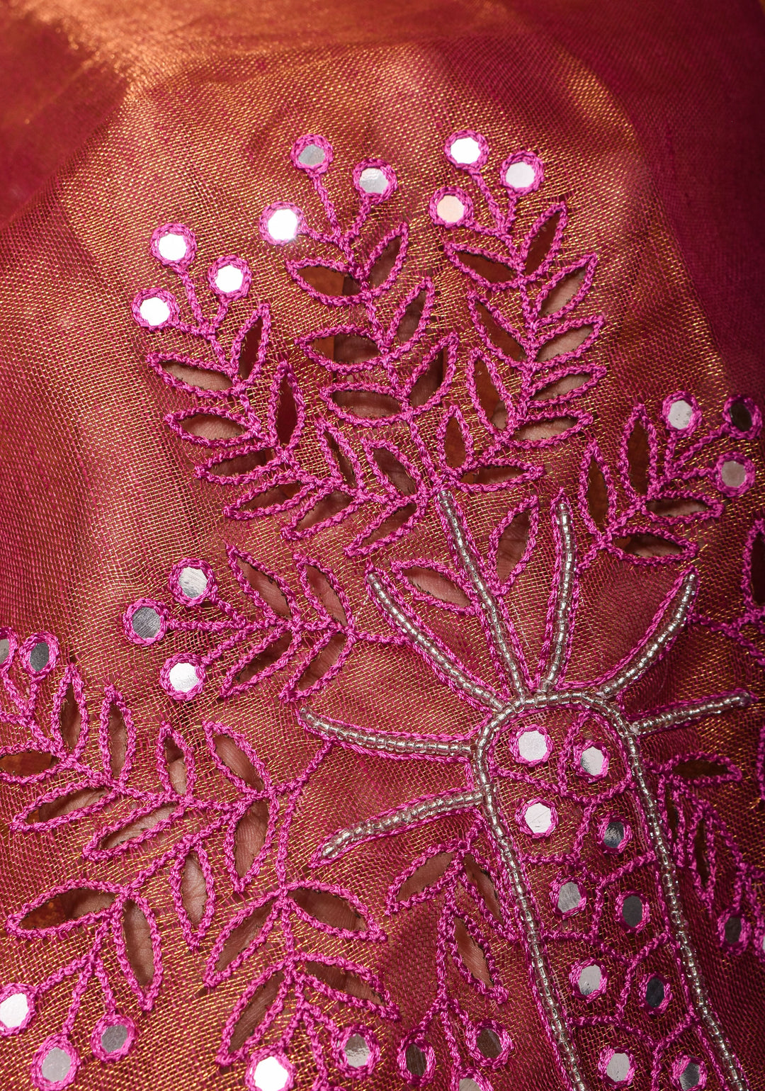 Tree Cutwork and Mirror Work Tissue Linen Saree in Magenta with pretty tassels