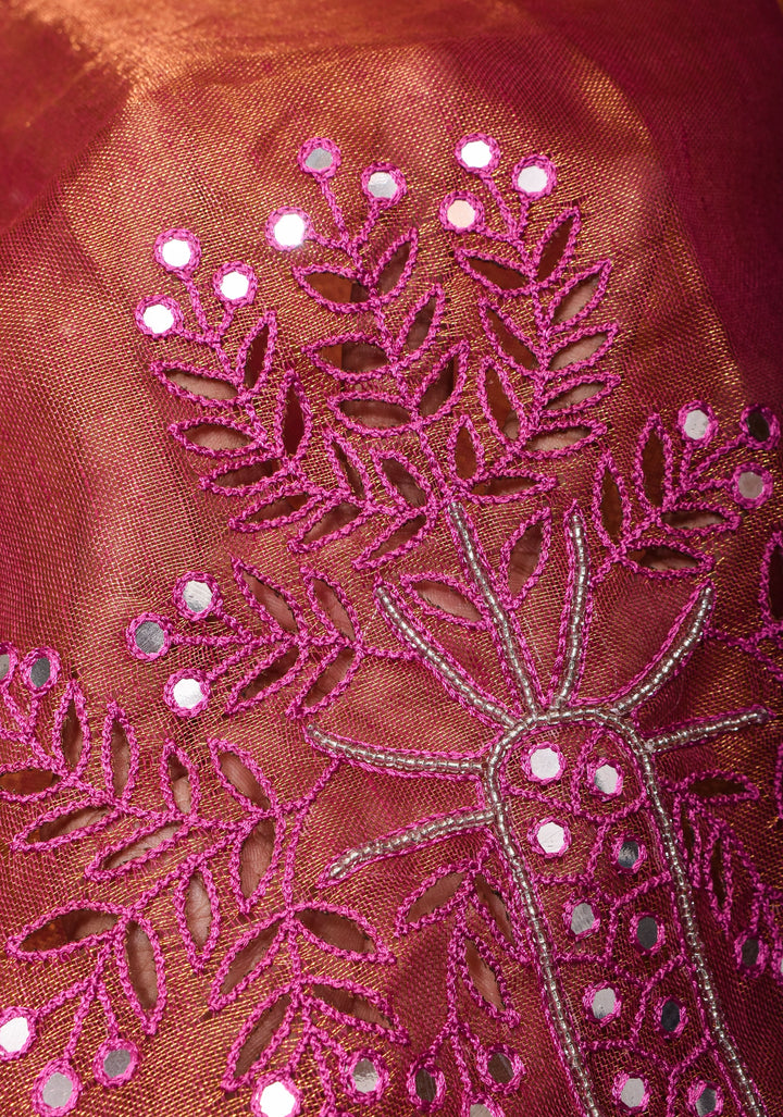 Tree Cutwork and Mirror Work Tissue Linen Saree in Magenta with pretty tassels