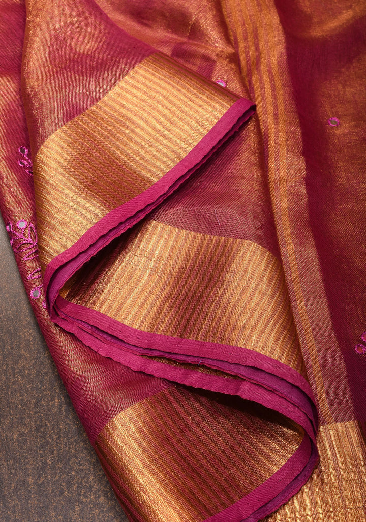 Tree Cutwork and Mirror Work Tissue Linen Saree in Magenta with pretty tassels