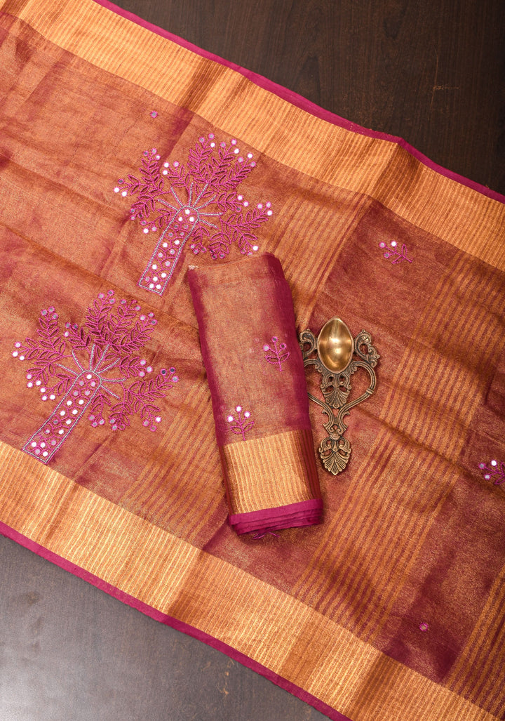 Tree Cutwork and Mirror Work Tissue Linen Saree in Magenta with pretty tassels