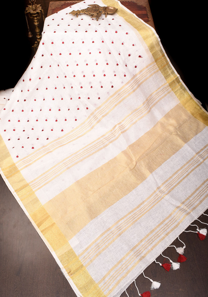 Vidya Balan Shobitam Exclusive Celebrity Loving Hearts Embroidered White Pure Linen Saree