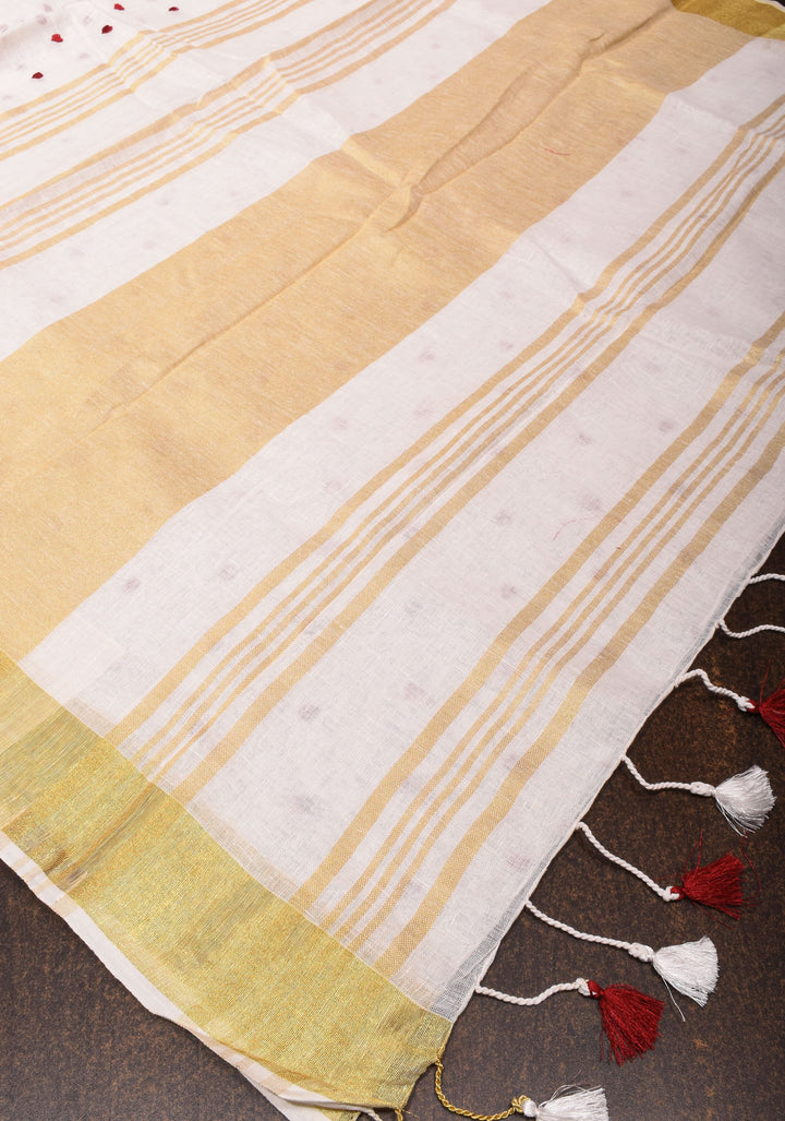Vidya Balan Shobitam Exclusive Celebrity Loving Hearts Embroidered White Pure Linen Saree