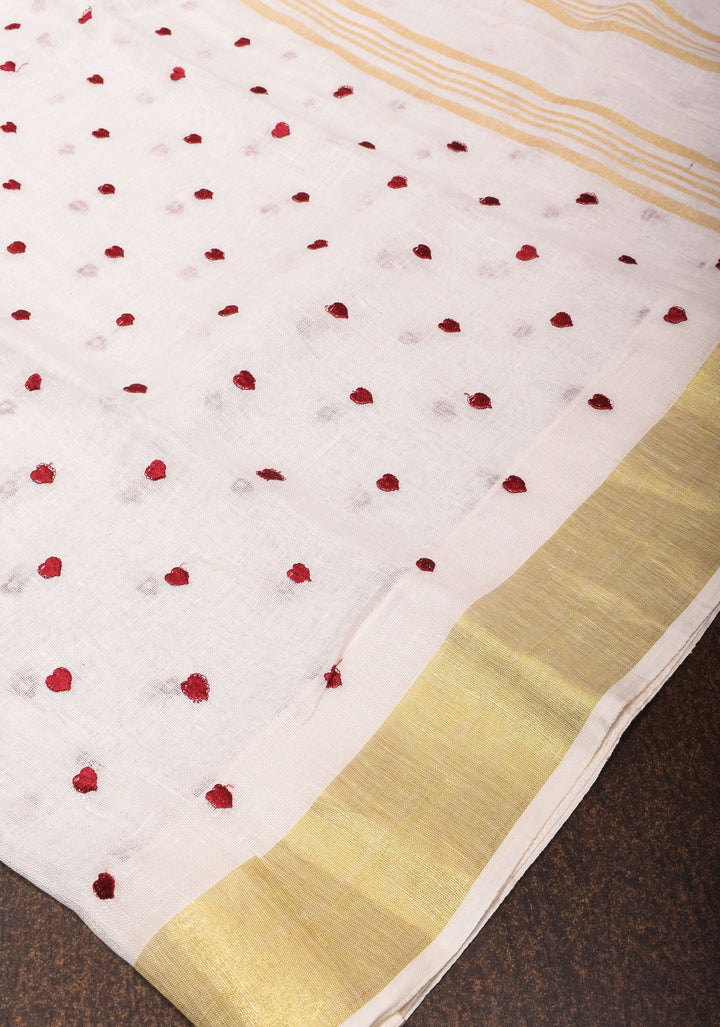 Vidya Balan Shobitam Exclusive Celebrity Loving Hearts Embroidered White Pure Linen Saree