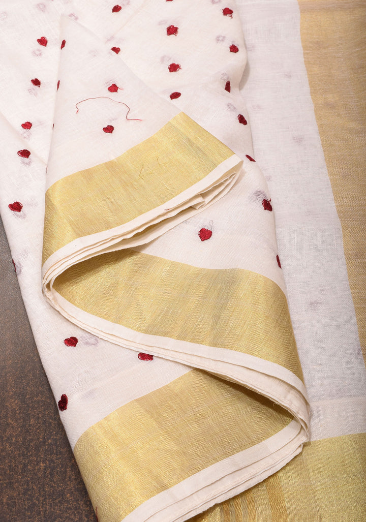 Vidya Balan Shobitam Exclusive Celebrity Loving Hearts Embroidered White Pure Linen Saree