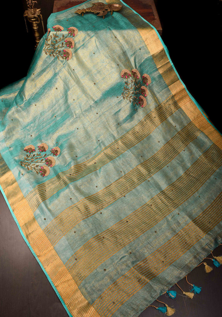 Pre order Hand Beadwork on Tissue Linen Saree in Blue with Gold Tissue