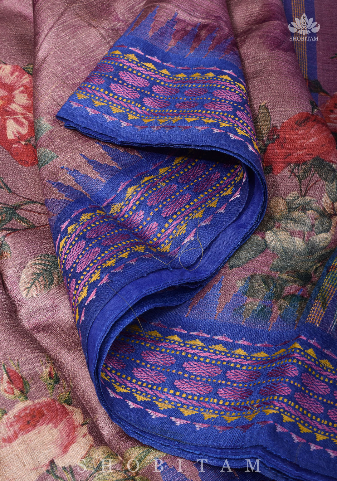 Floral Digital Printed Kosa Tussar Silk Saree in Mauve with Contrast Border | SILK MARK CERTIFIED