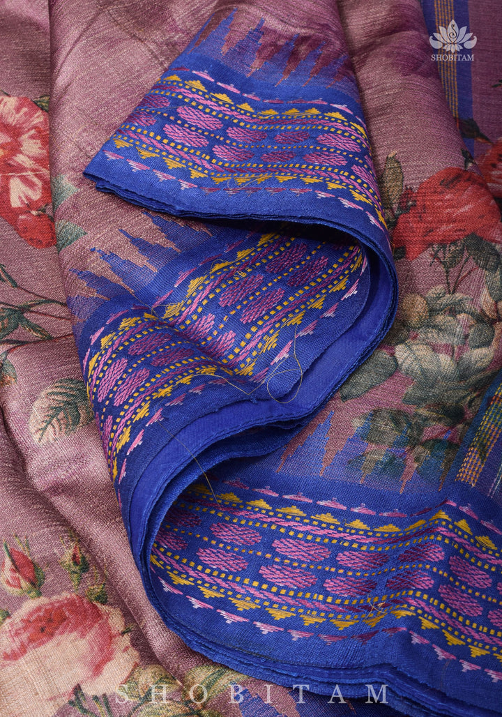 Floral Digital Printed Kosa Tussar Silk Saree in Mauve with Contrast Border | SILK MARK CERTIFIED