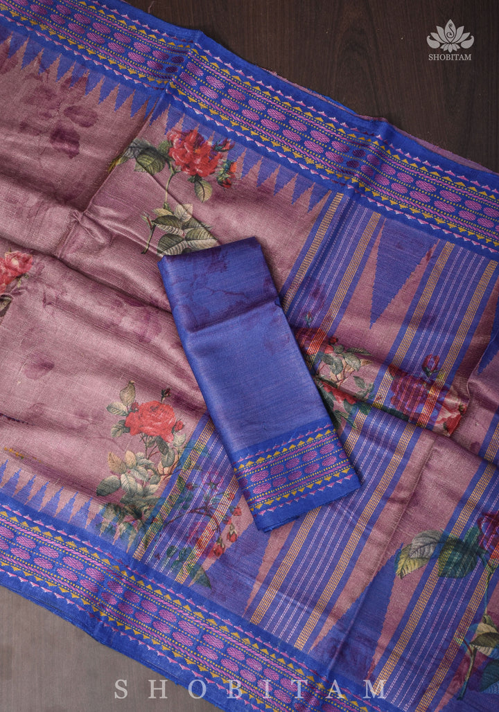 Floral Digital Printed Kosa Tussar Silk Saree in Mauve with Contrast Border | SILK MARK CERTIFIED