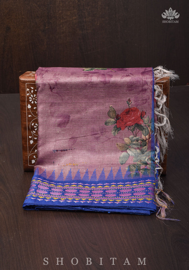 Floral Digital Printed Kosa Tussar Silk Saree in Mauve with Contrast Border | SILK MARK CERTIFIED