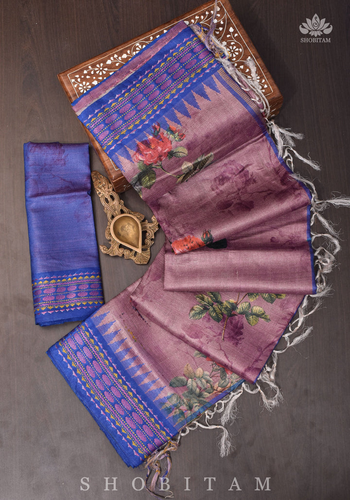 Floral Digital Printed Kosa Tussar Silk Saree in Mauve with Contrast Border | SILK MARK CERTIFIED