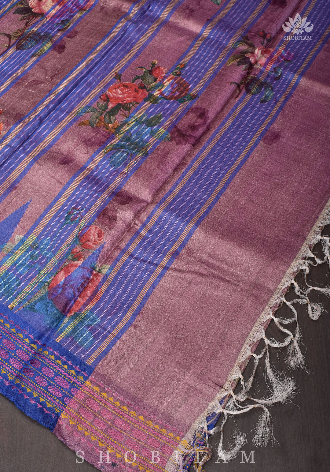 Floral Digital Printed Kosa Tussar Silk Saree in Mauve with Contrast Border | SILK MARK CERTIFIED