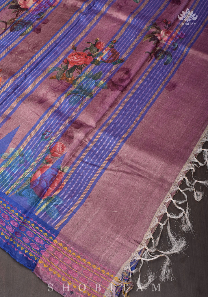 Floral Digital Printed Kosa Tussar Silk Saree in Mauve with Contrast Border | SILK MARK CERTIFIED