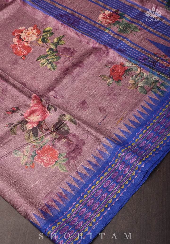 Floral Digital Printed Kosa Tussar Silk Saree in Mauve with Contrast Border | SILK MARK CERTIFIED