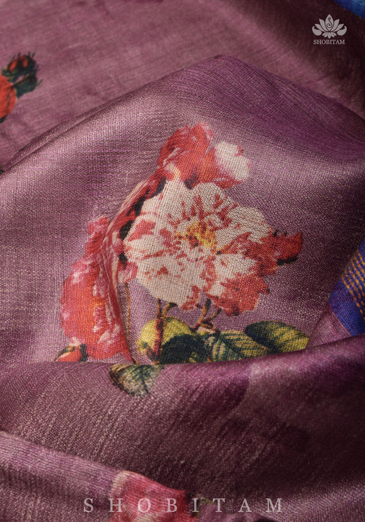 Floral Digital Printed Kosa Tussar Silk Saree in Mauve with Contrast Border | SILK MARK CERTIFIED