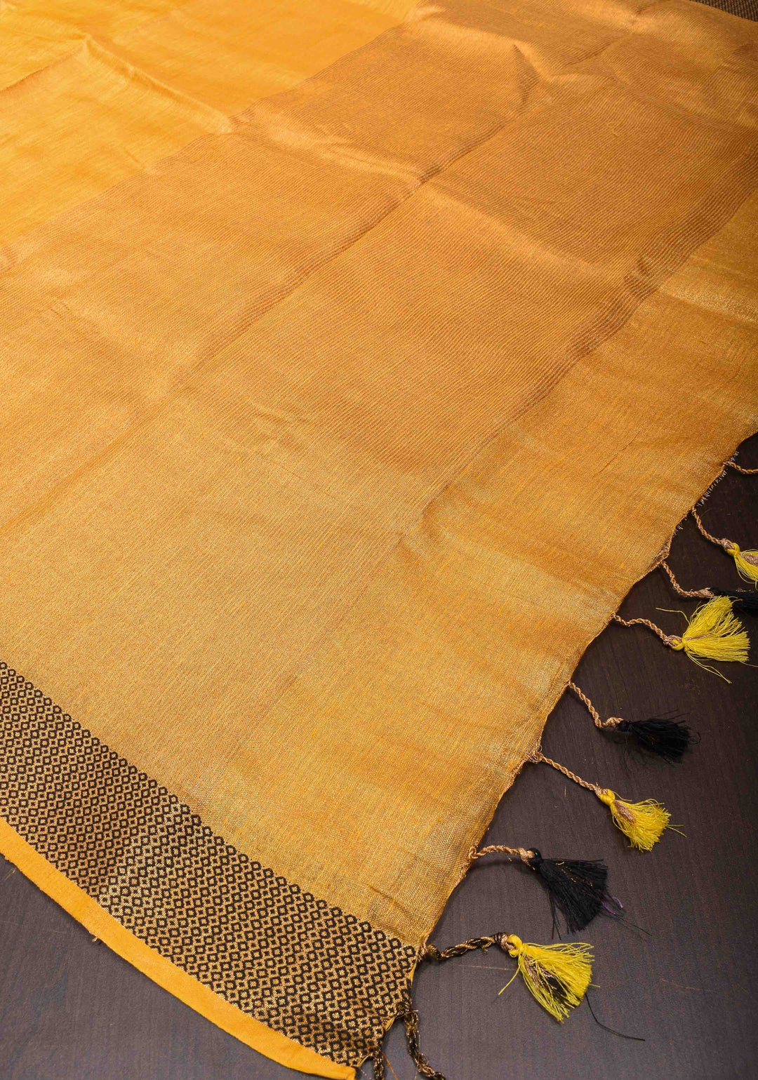 Mustard Yellow Tissue Linen Saree with Contrast zari Border