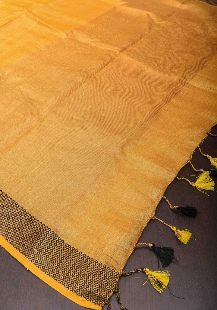Mustard Yellow Tissue Linen Saree with Contrast zari Border