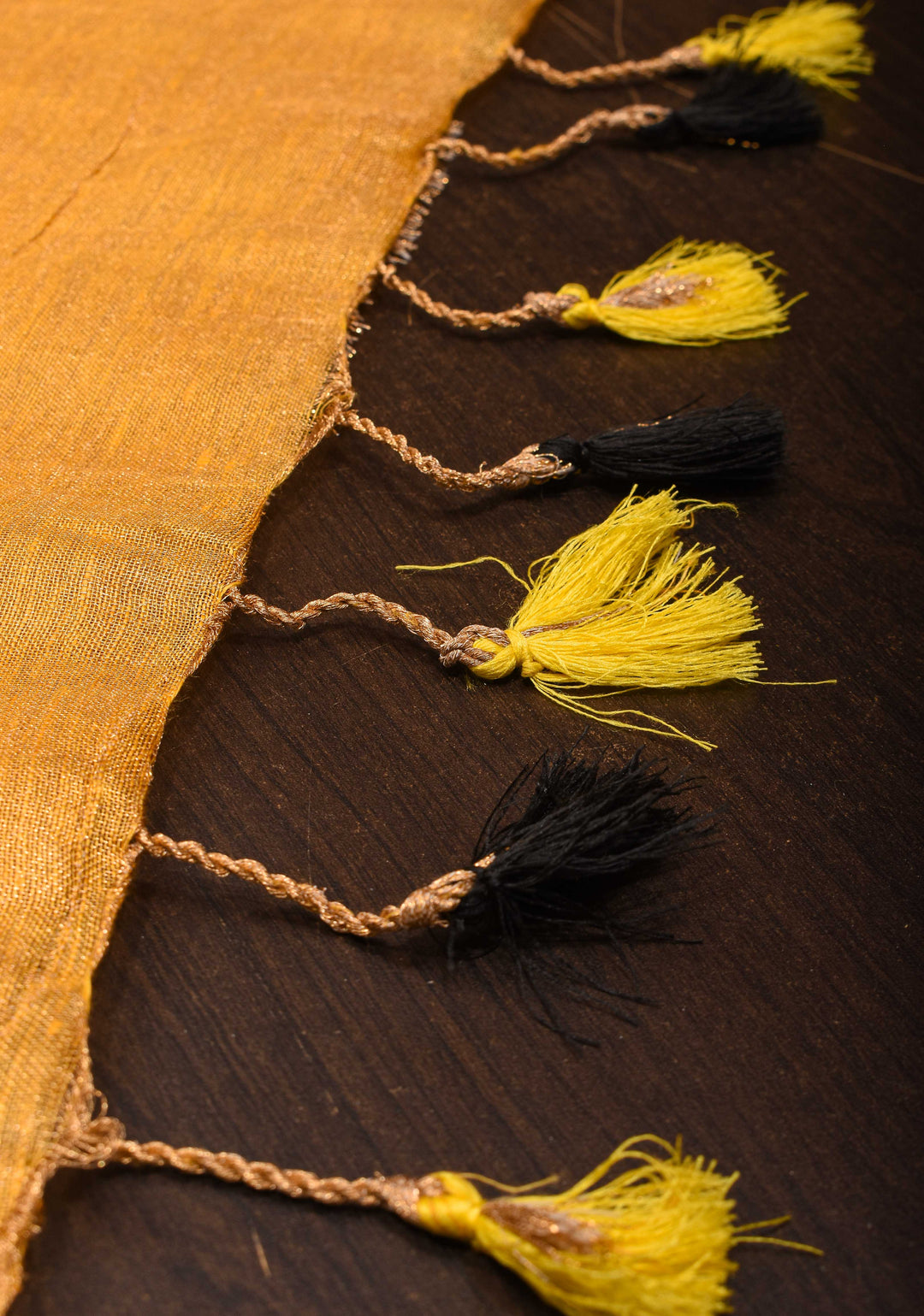 Mustard Yellow Tissue Linen Saree with Contrast zari Border