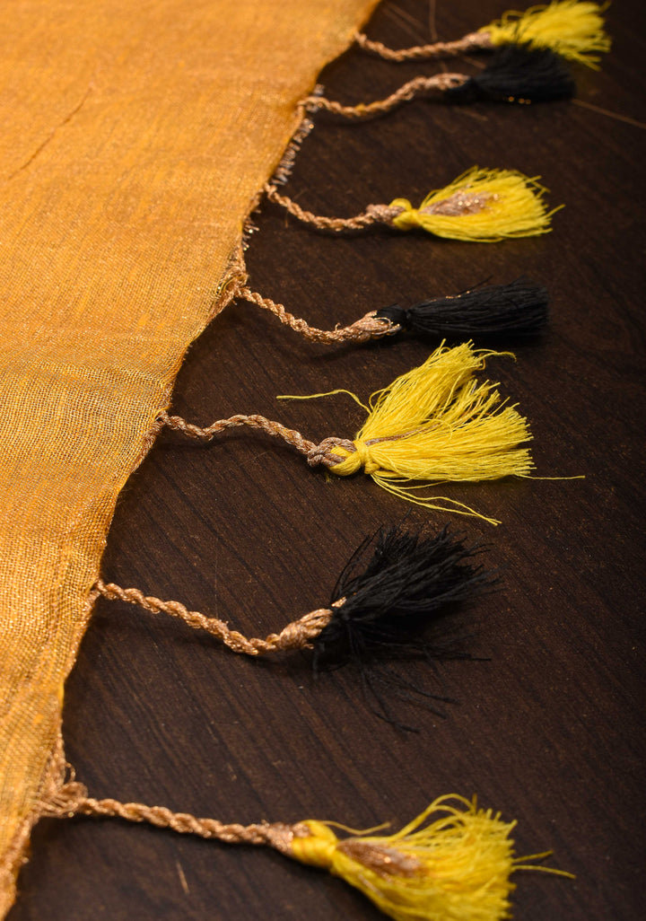 Mustard Yellow Tissue Linen Saree with Contrast zari Border