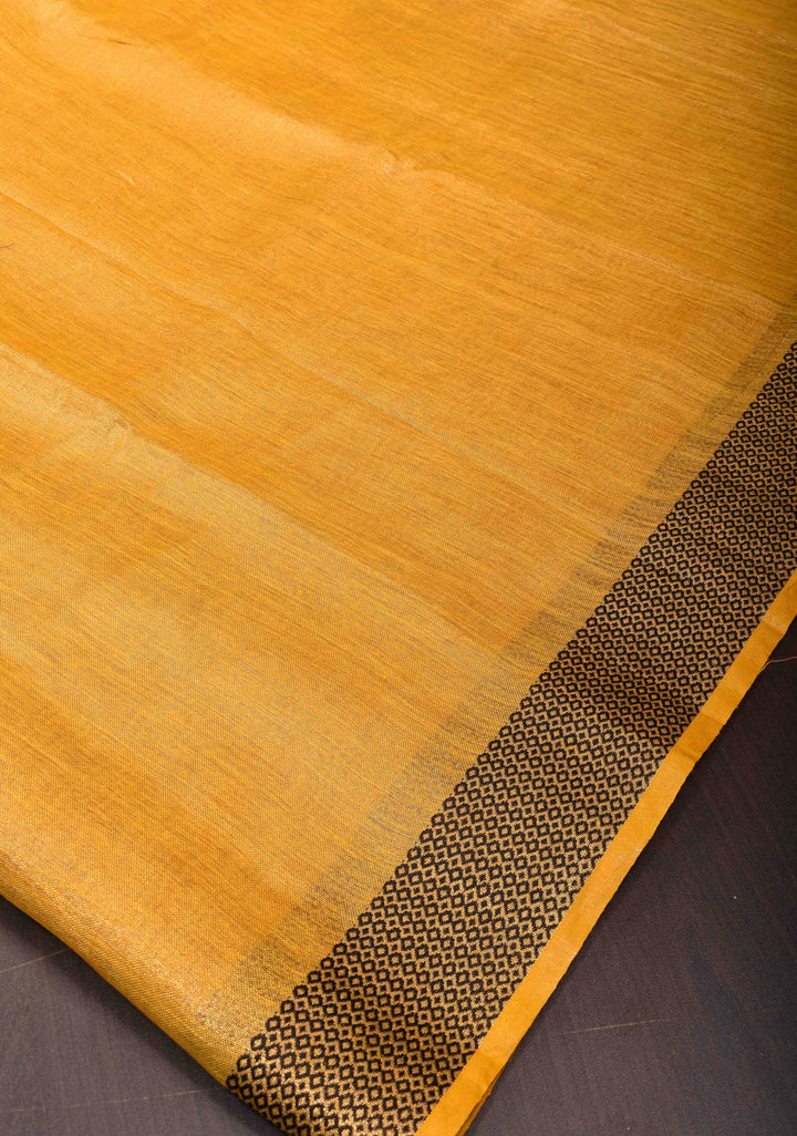 Mustard Yellow Tissue Linen Saree with Contrast zari Border