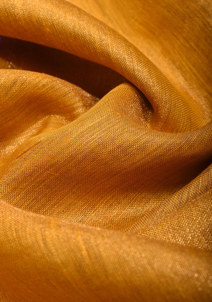 Mustard Yellow Tissue Linen Saree with Contrast zari Border
