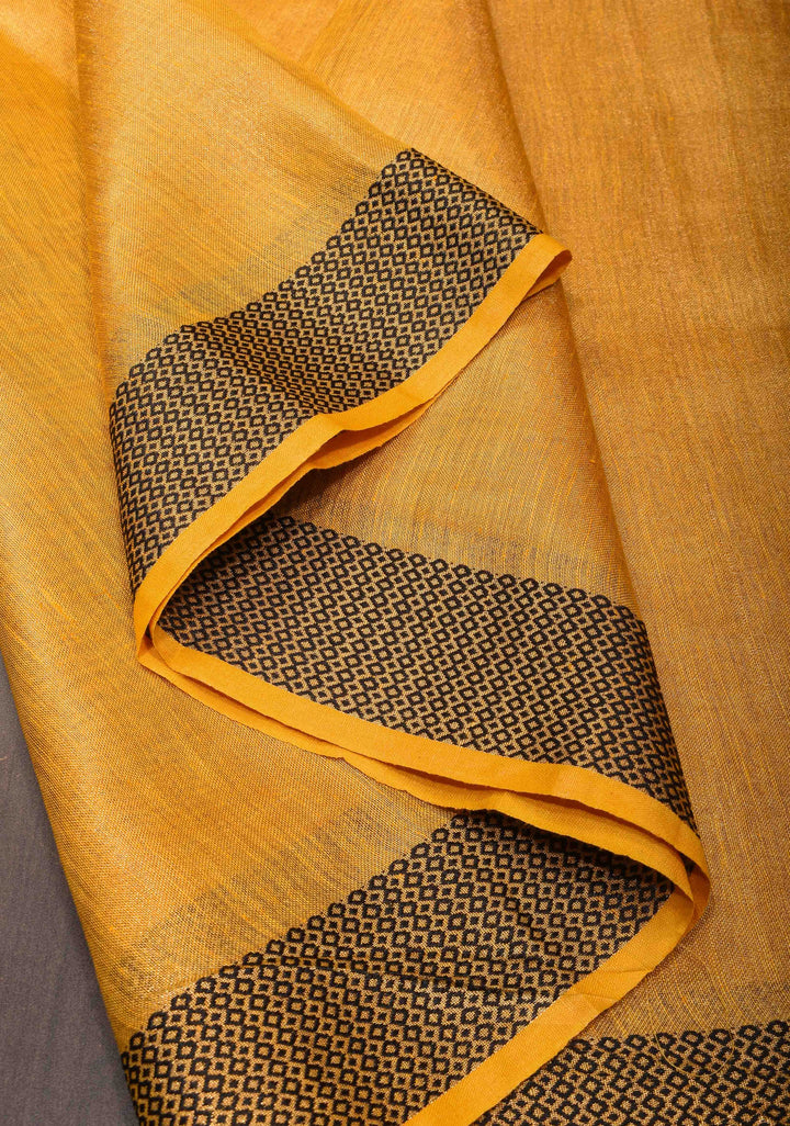 Mustard Yellow Tissue Linen Saree with Contrast zari Border