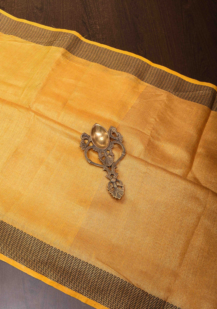 Mustard Yellow Tissue Linen Saree with Contrast zari Border
