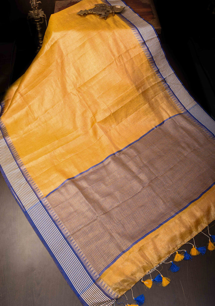 Yellow Tissue Linen Saree with Contrast Border and Pallu