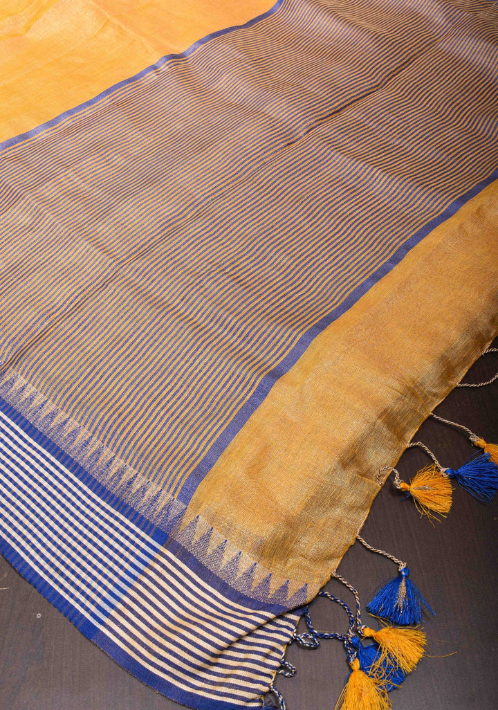 Yellow Tissue Linen Saree with Contrast Border and Pallu