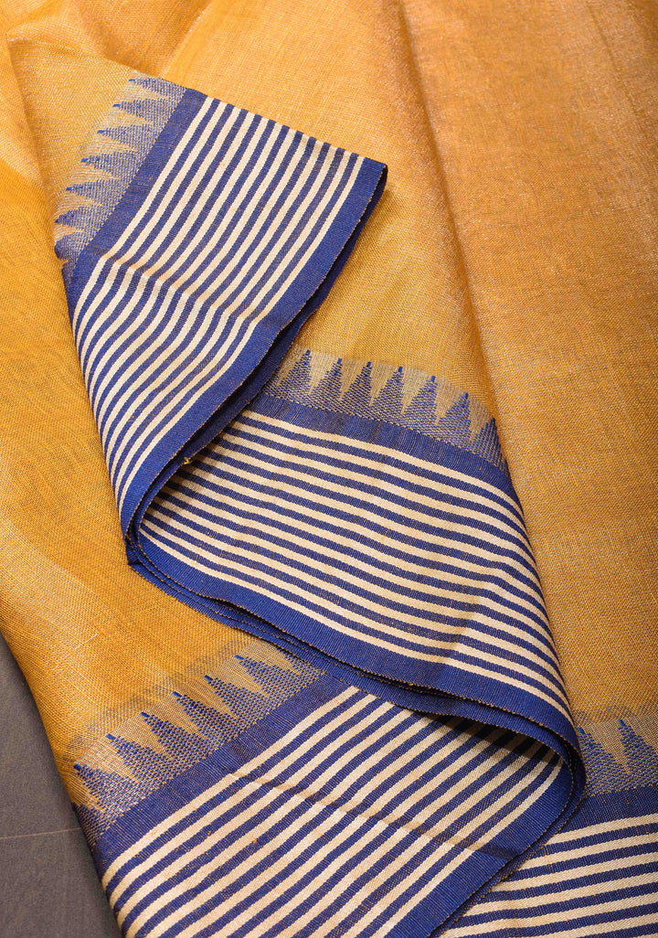 Yellow Tissue Linen Saree with Contrast Border and Pallu