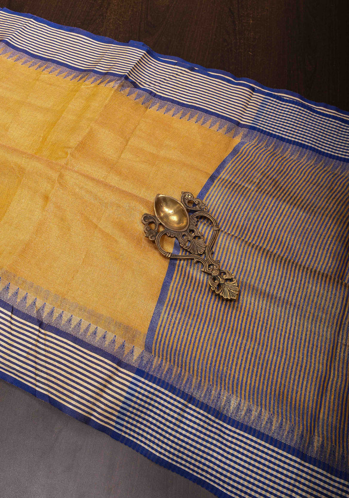 Yellow Tissue Linen Saree with Contrast Border and Pallu