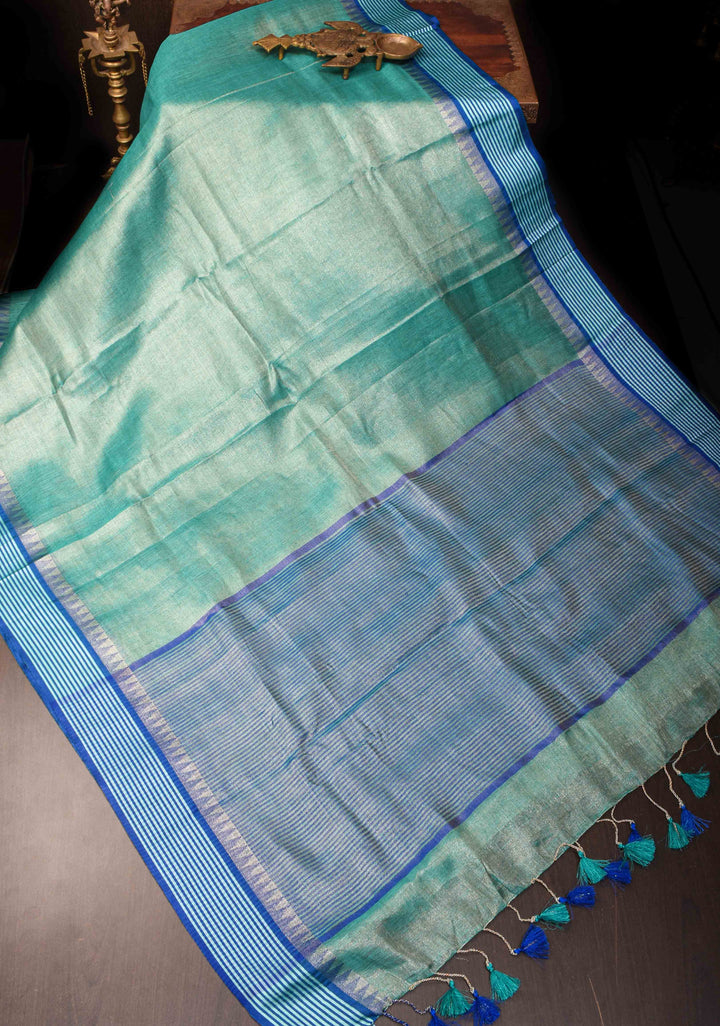 Tealish Green Tissue Linen Saree with Contrast Border and Pallu