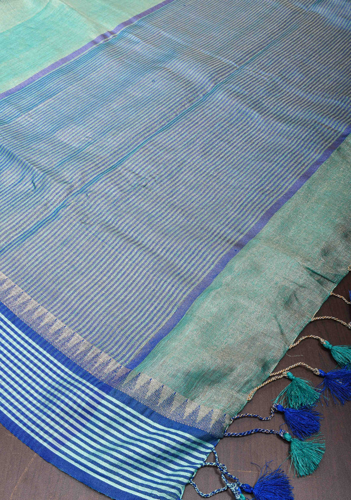 Tealish Green Tissue Linen Saree with Contrast Border and Pallu