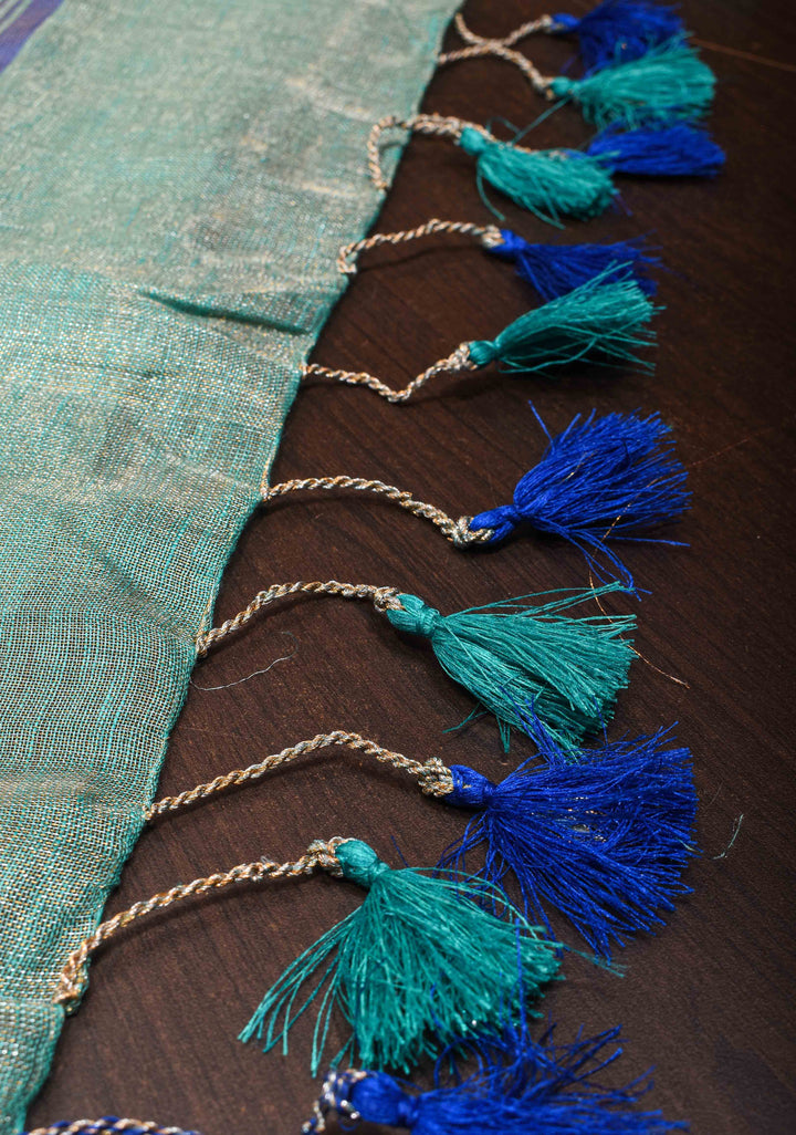 Tealish Green Tissue Linen Saree with Contrast Border and Pallu