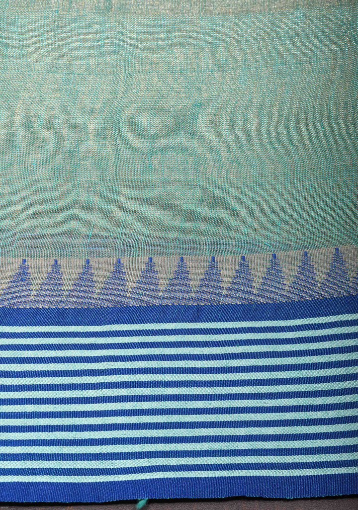 Tealish Green Tissue Linen Saree with Contrast Border and Pallu