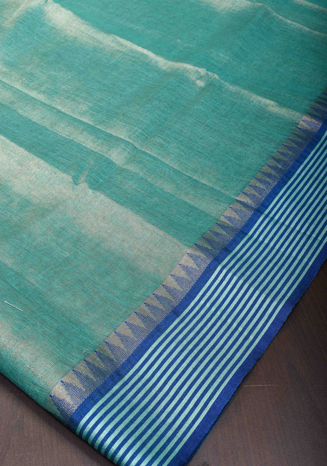 Tealish Green Tissue Linen Saree with Contrast Border and Pallu