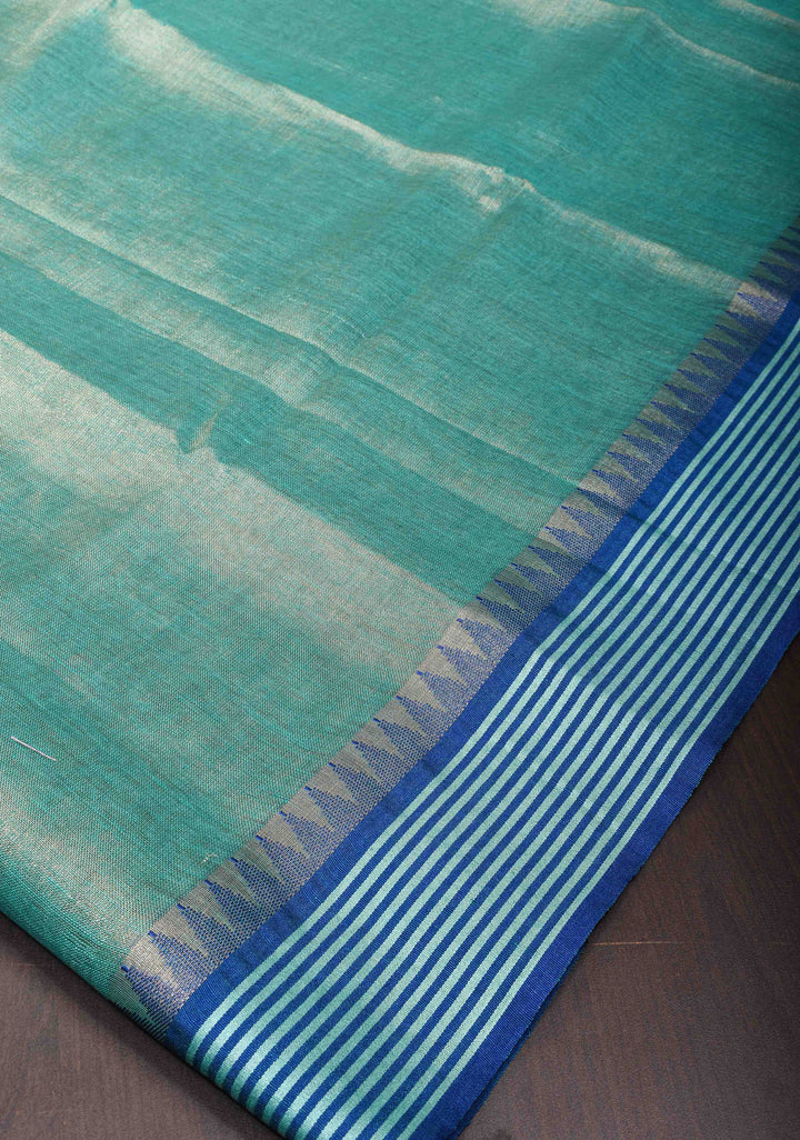 Tealish Green Tissue Linen Saree with Contrast Border and Pallu