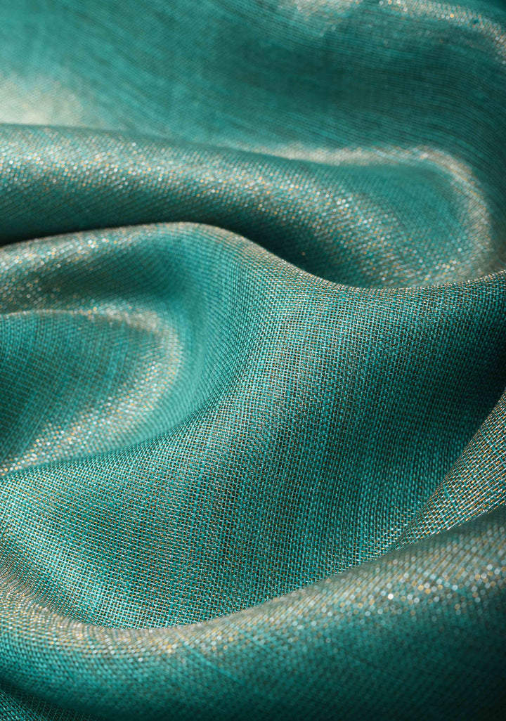 Tealish Green Tissue Linen Saree with Contrast Border and Pallu