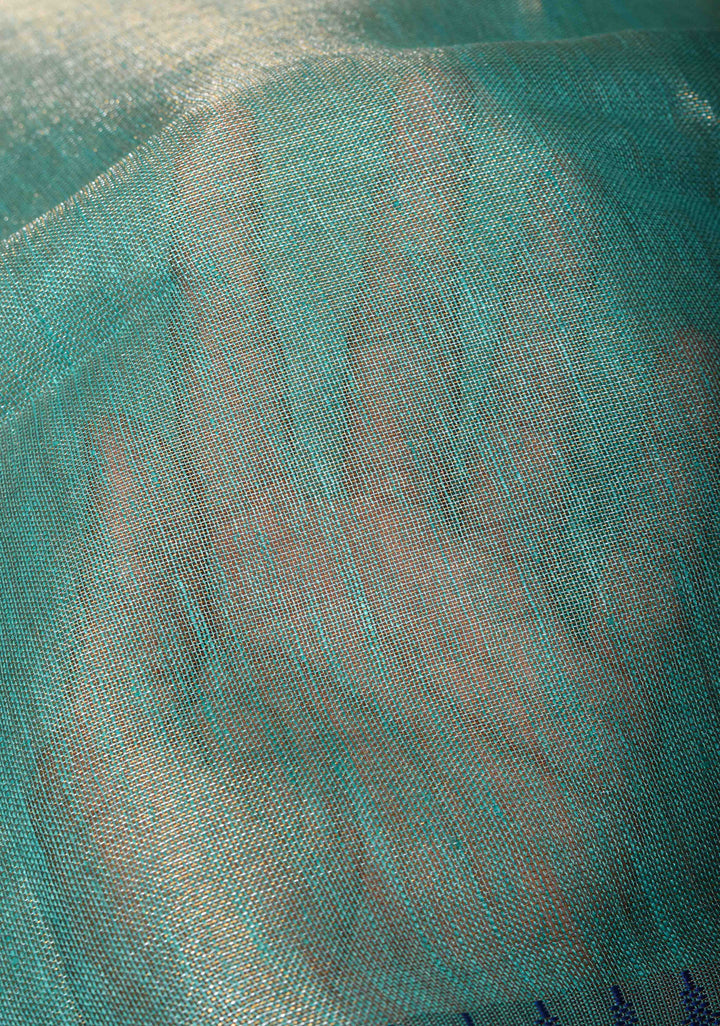 Tealish Green Tissue Linen Saree with Contrast Border and Pallu