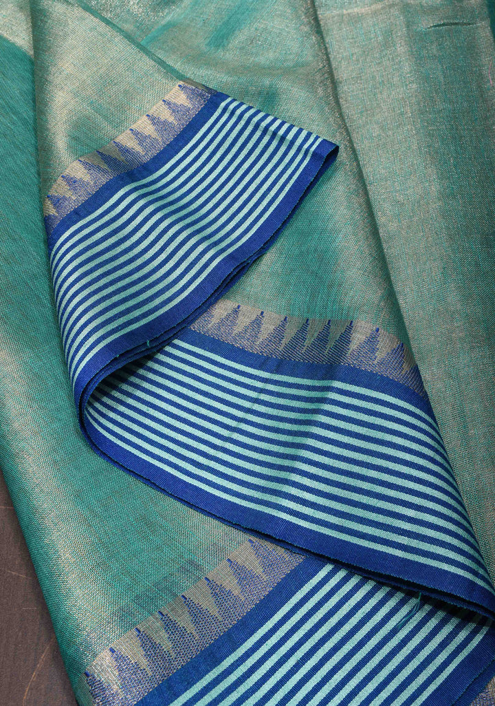 Tealish Green Tissue Linen Saree with Contrast Border and Pallu