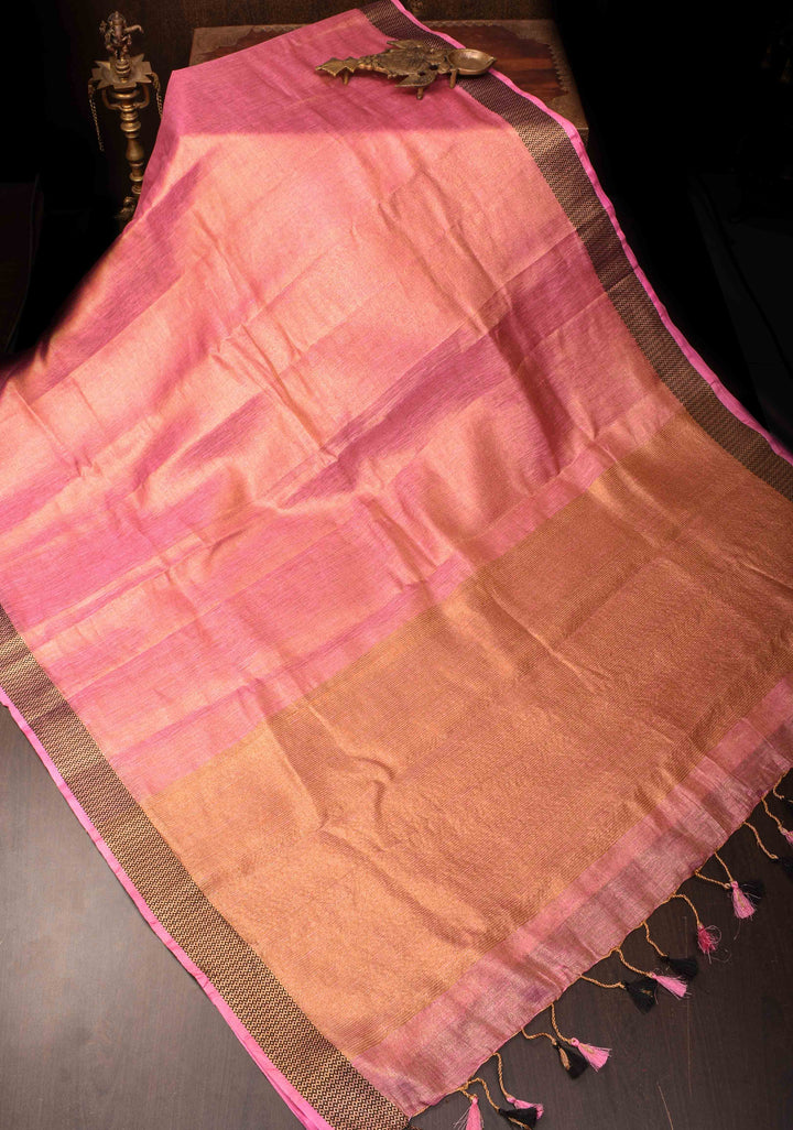 Pink Tissue Linen Saree with Contrasting Zari Border and Pallu