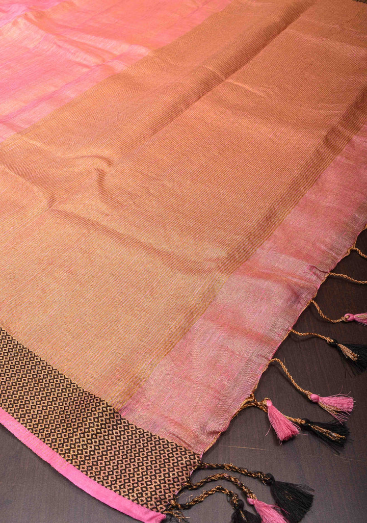 Pink Tissue Linen Saree with Contrasting Zari Border and Pallu